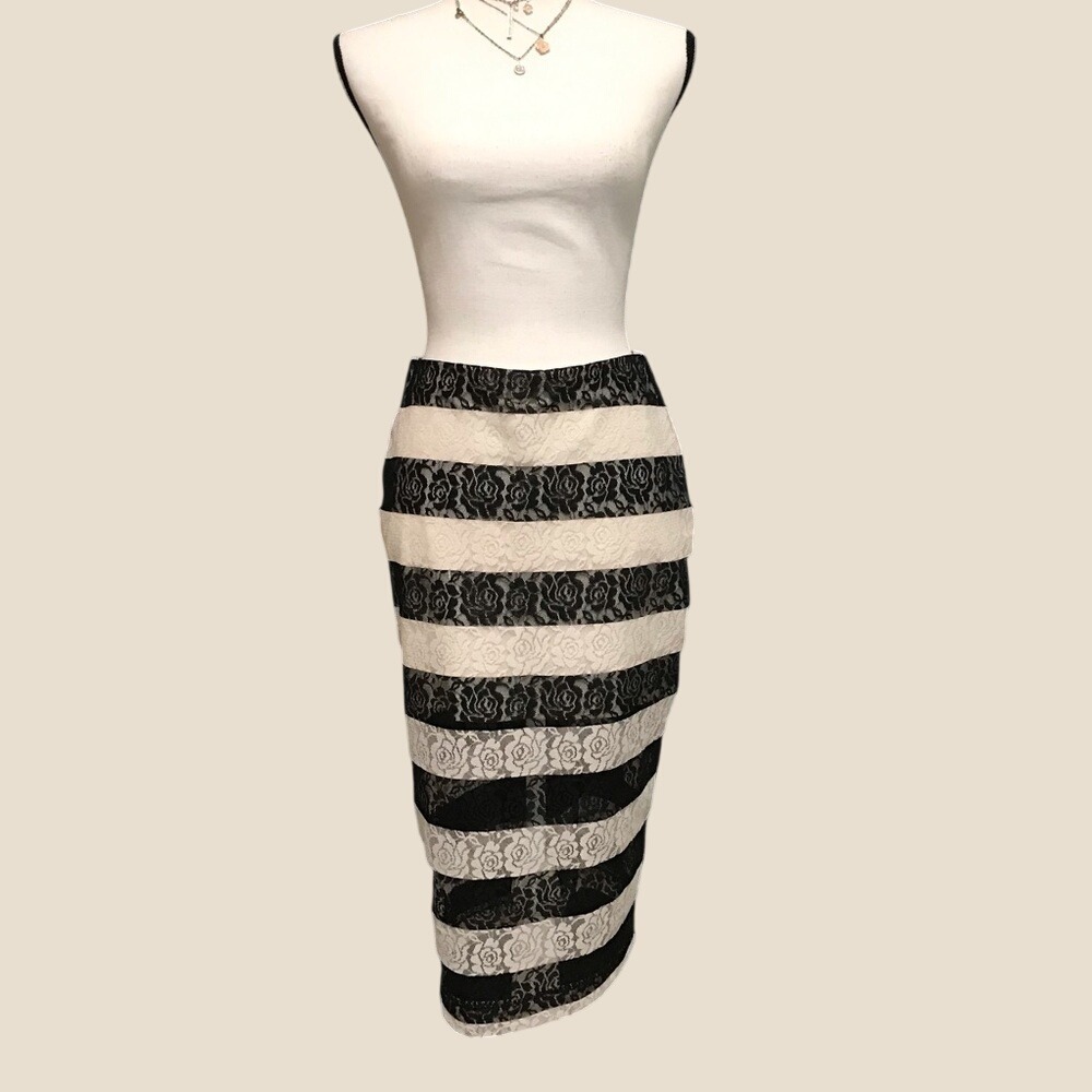 Express Black and White Lace Striped Pencil Skirt - Picture 2 of 10